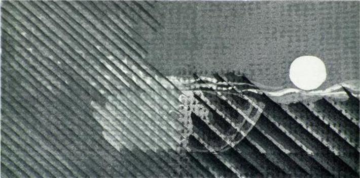 Navigare, una incisione dell'artista Riccardo Prevosti datata 1982: trame su vernice molle, acquatinta, Lastra zinco mm. 118 x 223.
