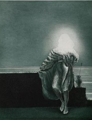 Lago, 1980,  il titolo dell'incisione di Riccardo Prevosti. Acquaforte, acquatinta. Lastra zinco mm. 291 x 350.
