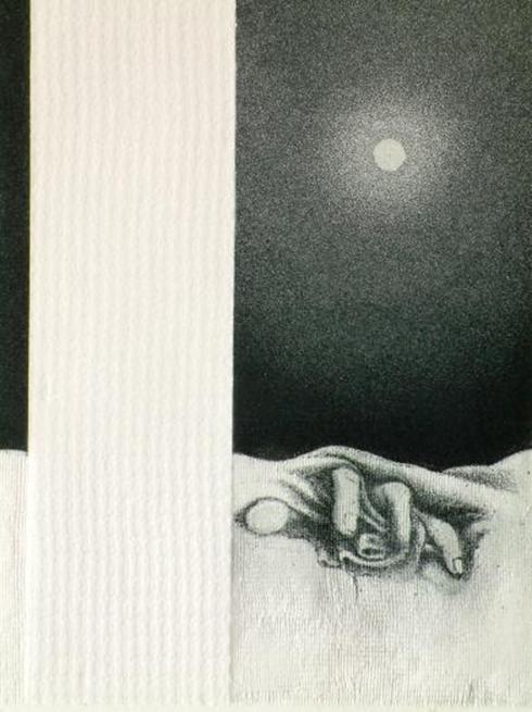 Riccardo Prevosti: Questa  notte, 1986. Acquaforte, acquatinta, rilievo. Lastra zinco e lastra polimaterica mm. 136 x 186
