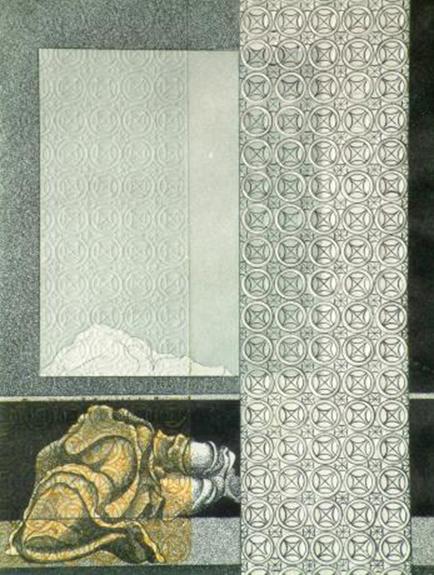 L'incisore Riccardo Prevosti in “Un’alba … compiacente”, 1987. Acquaforte, acquatinta, rilievo. Lastra zinco e lastra polimaterica mm. 136 x 186
