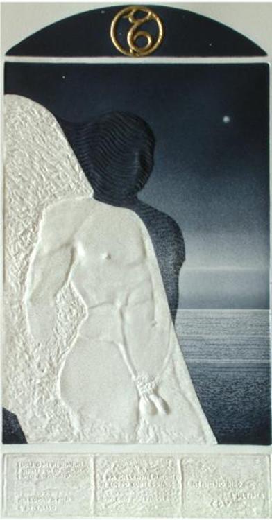 “Prima che il tempo passi”, 1998. Una incisione di Riccardo Prevosti. Acquatinta, rilievo. Lastra zinco e lastra polimaterica. mm. 270 x 570.

